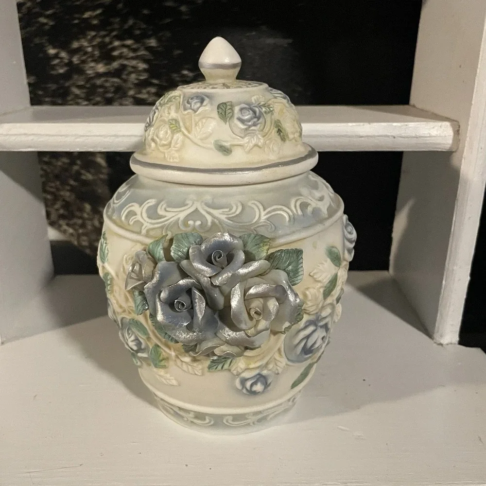 Vintage Metallic Blue Rose Ivory Color Box Jar W/ Lid Beautiful!‎